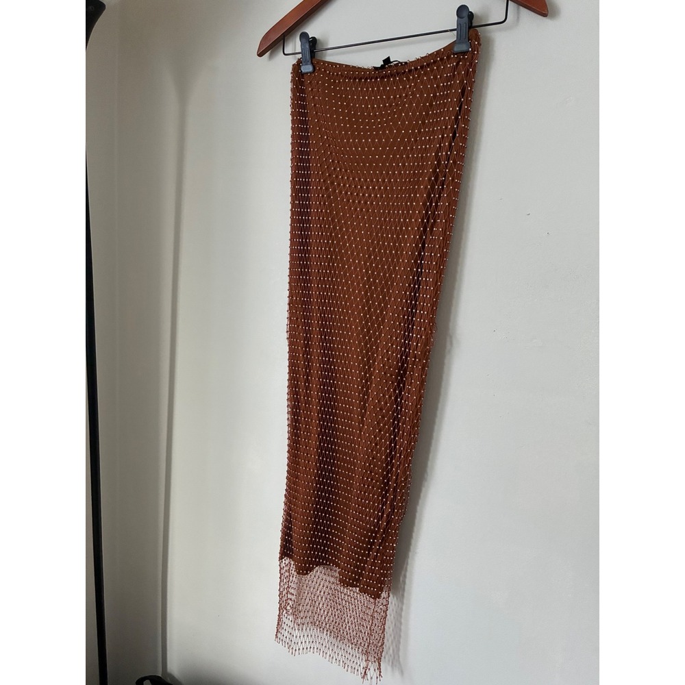 ENVME Brown Festival Rhinestone Fishnet Midi Skirt  Embellished Sheer Mesh S